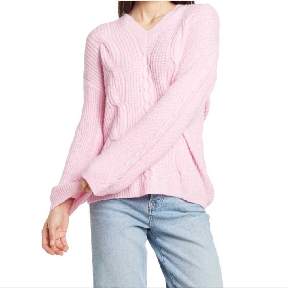 Kikit Hooded V-Neck Pullover Long Sleeve Cable Knit Fuzzy Pink Sweater